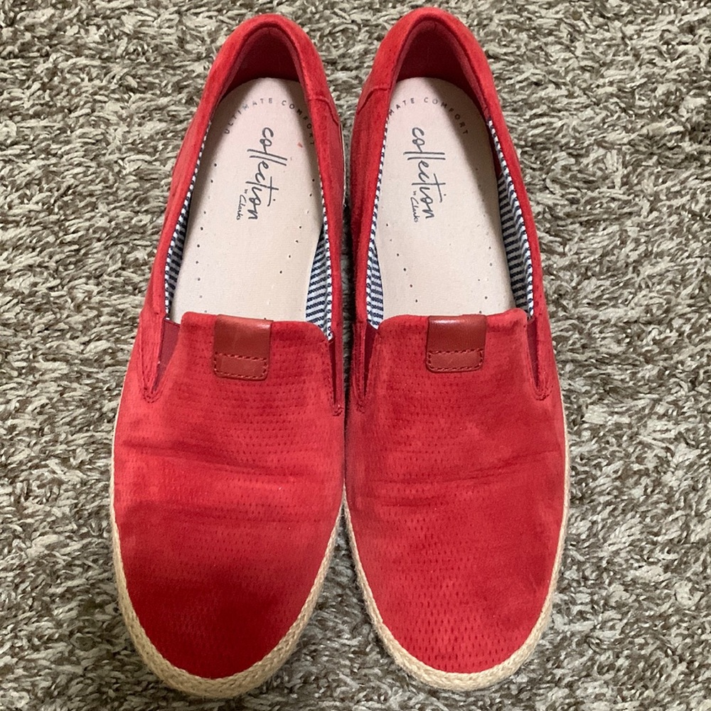 Clarks Collection Red Leather SlipOn comfort Loafer Espadrilles Shoes Women 7.5